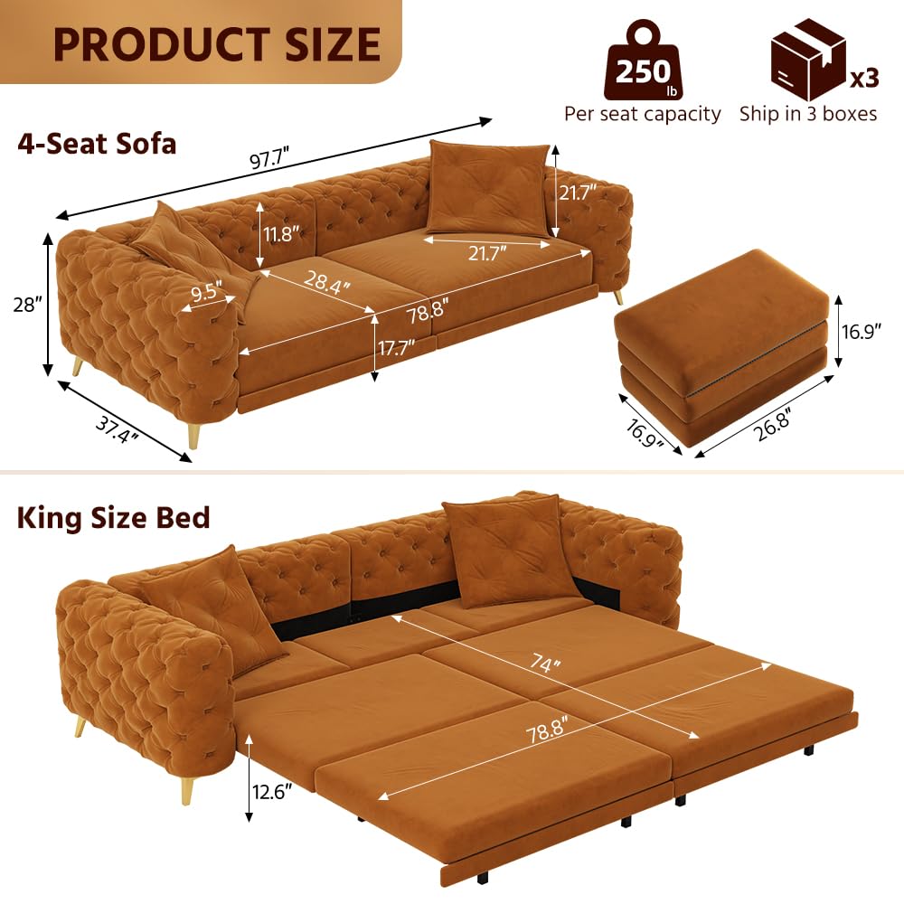 Orange Velvet Convertible Sleeper Sofa with Ottoman X759376