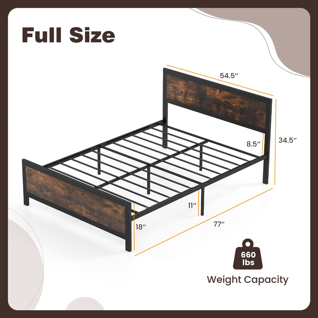 Metal Full Size Platform Bed Frame with Wood Headboard and Footboard R347