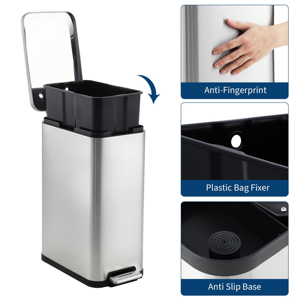 50L Slim Stainless Steel Step Trash Can with Soft-Close Lid R5646