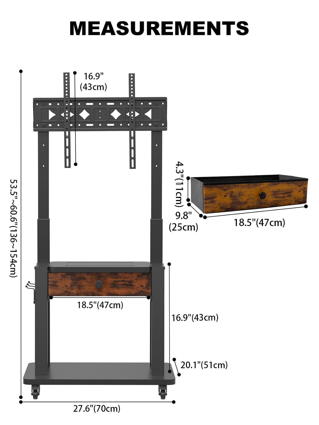 Rolling TV Stand with Fabric Drawer Storage for 32-75 Inch Flat/Curved Screen O735614