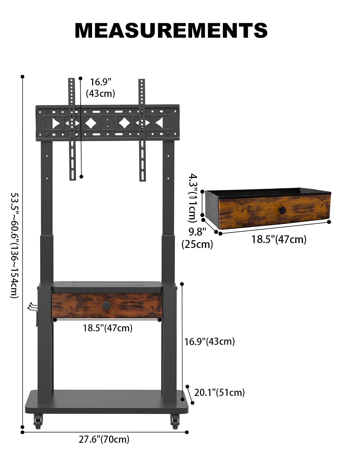 Rolling TV Stand with Fabric Drawer Storage for 32-75 Inch Flat/Curved Screen O735614