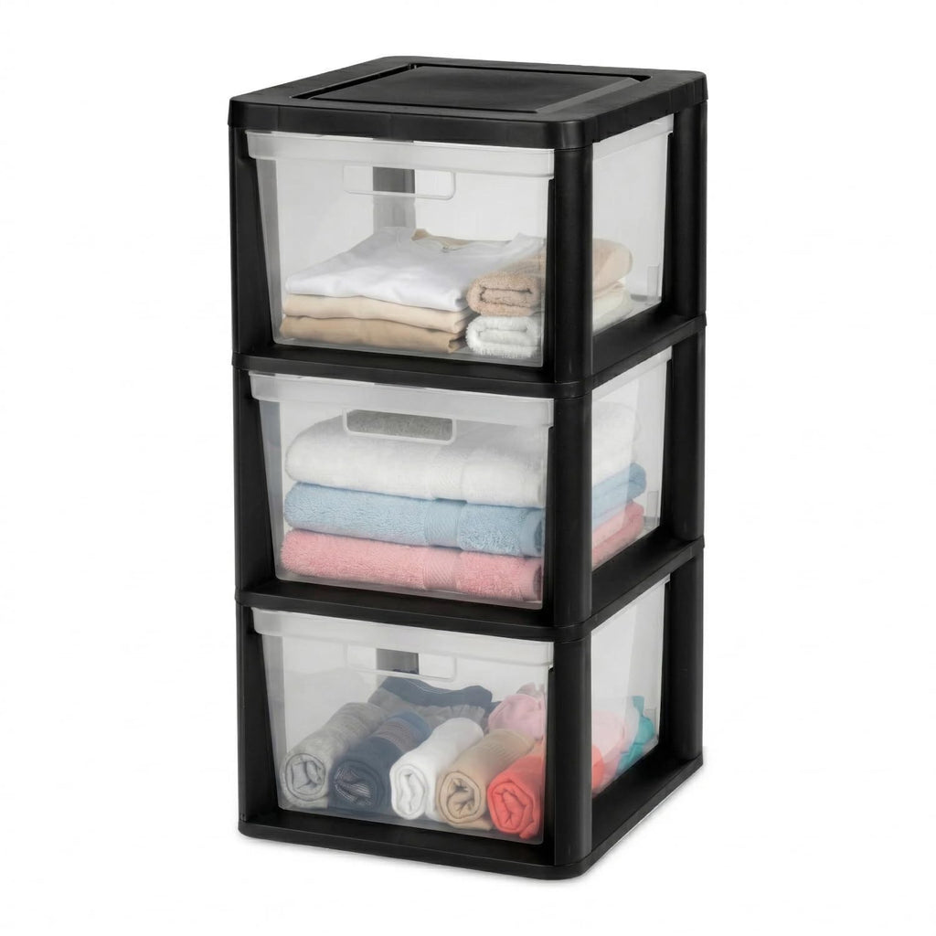 Black 3 Drawer Plastic Storage Tower with Clear Removable Bins Q23862