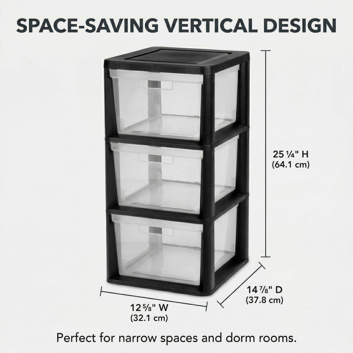 Black 3 Drawer Plastic Storage Tower with Clear Removable Bins Q23862