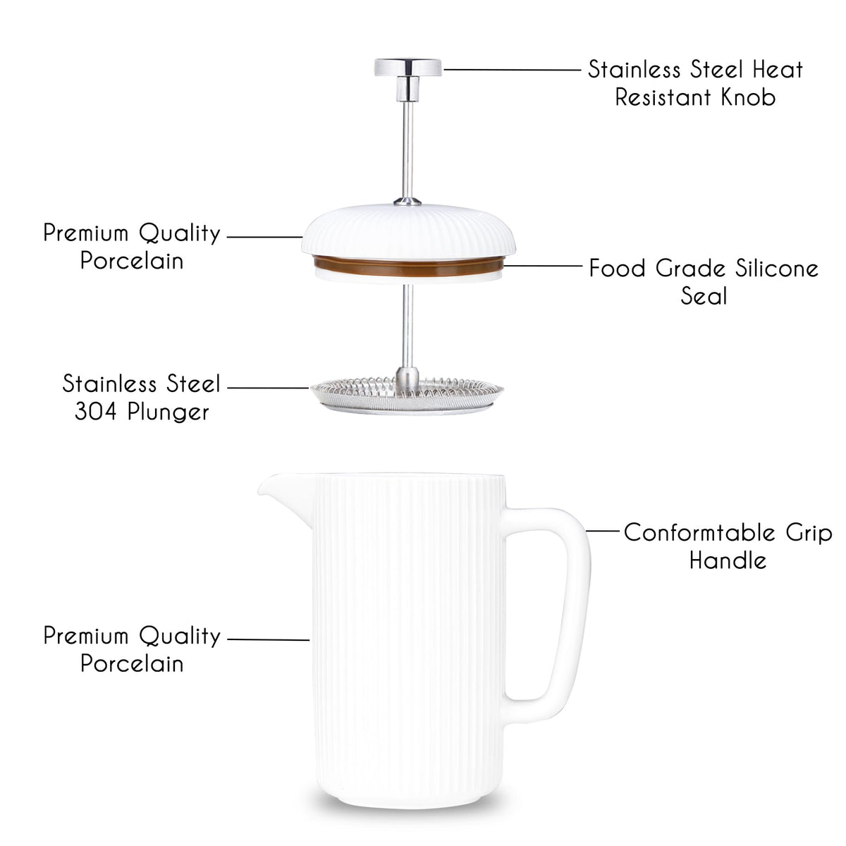 Porcelain French Press 22 fl oz Coffee Tea Maker with Stainless Steel Plunger Ivory Y592853