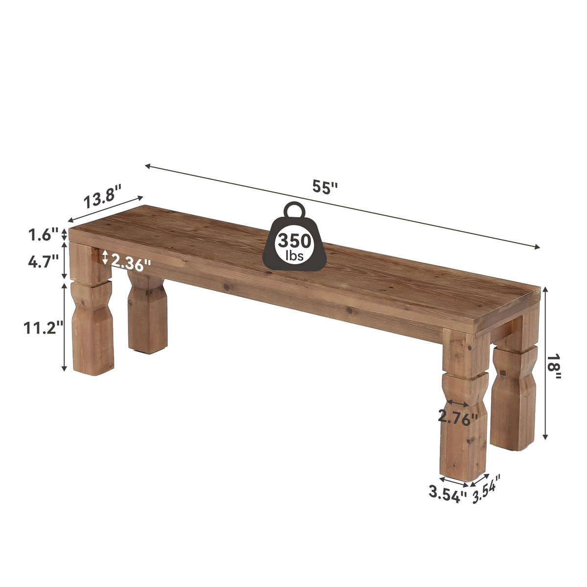 Solid Wood Bench 55-Inch Long Rustic Brown N87697