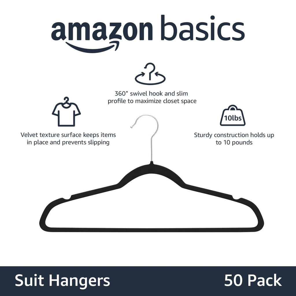 Slim Velvet Non-Slip Suit Hangers, Black, 50-Pack U624