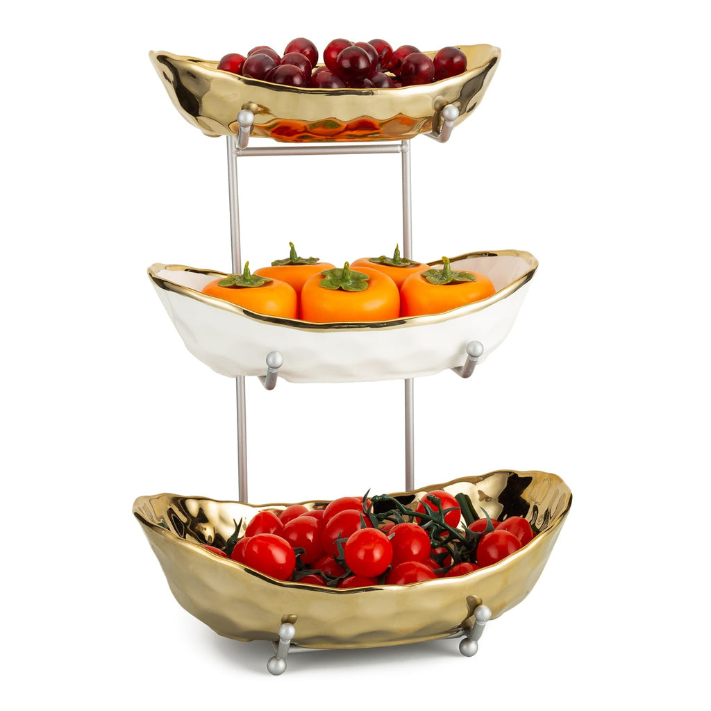 3 Tier Ceramic Serving Bowls with Metal Stand U740134