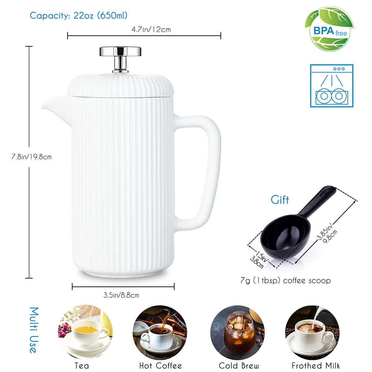 Porcelain French Press 22 fl oz Coffee Tea Maker with Stainless Steel Plunger Ivory Y592853