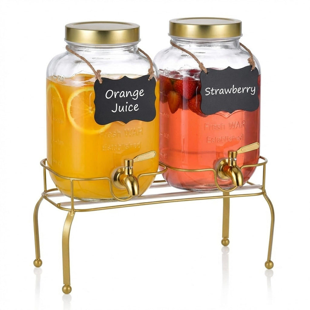 1 Gallon Glass Drink Dispenser Set of 2 with Stand W8885