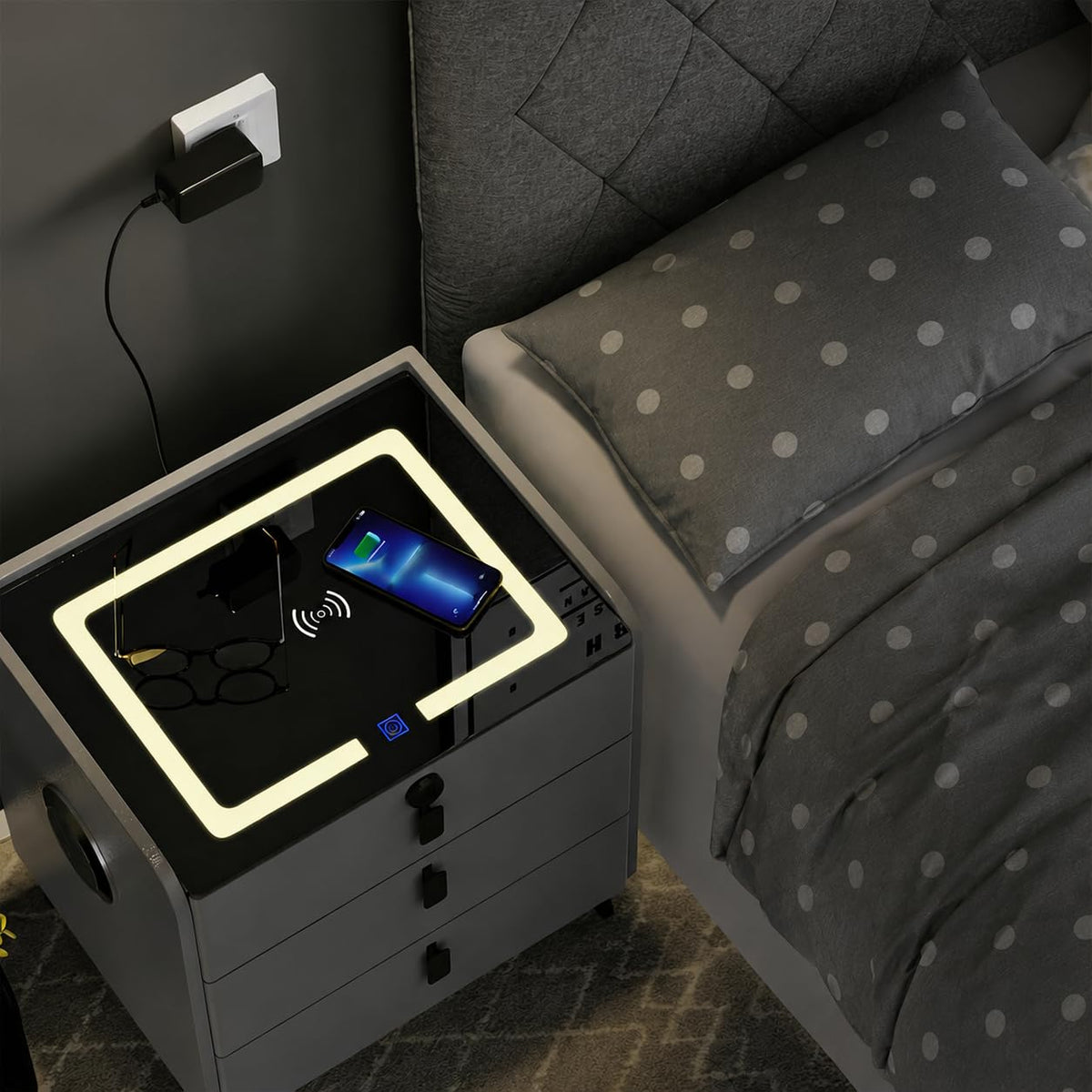 Wireless Charging Fingerprint Lock Nightstand X27036