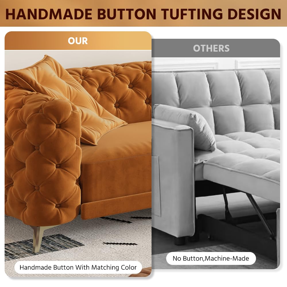 Orange Velvet Convertible Sleeper Sofa with Ottoman X759376