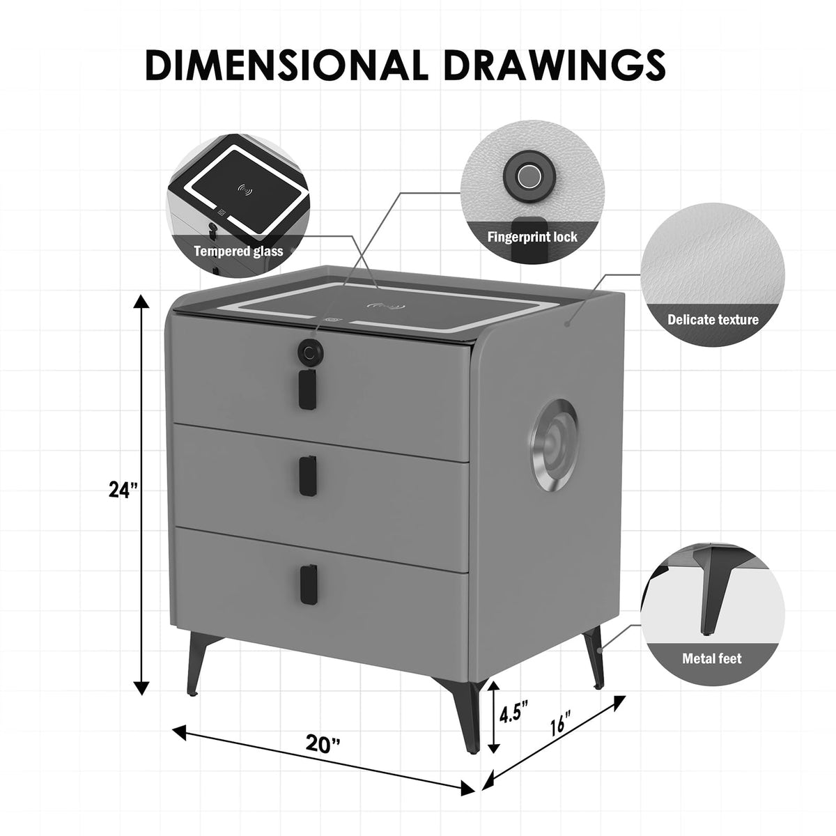 Wireless Charging Fingerprint Lock Nightstand X27036