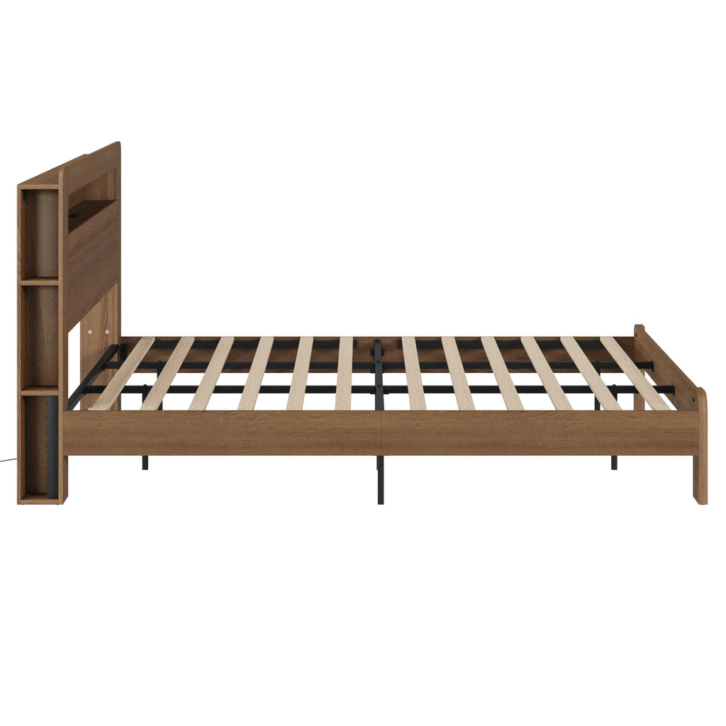 King Walnut Storage Bed Frame with LED Lights H28907