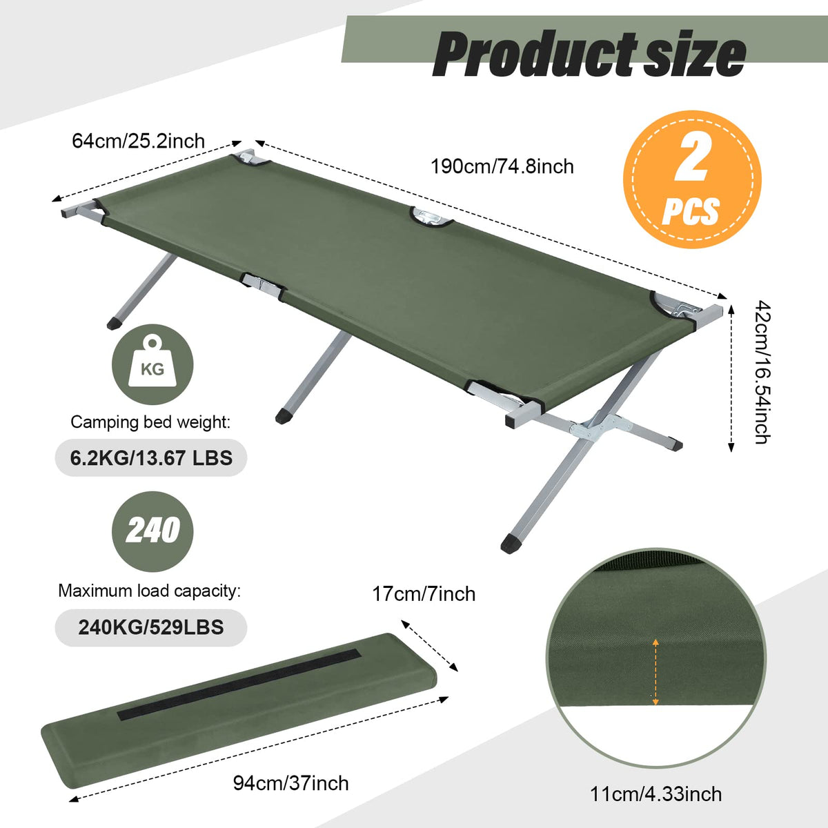 2 Pcs Army Green Folding Camping Cot Bed with Carry Bag R3200