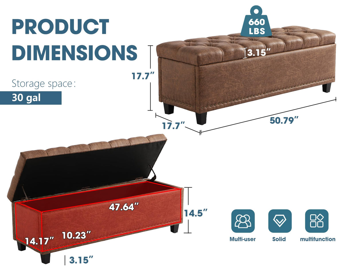 51" Brown Button-Tufted Storage Bench N986