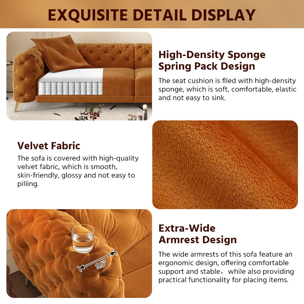 Orange Velvet Convertible Sleeper Sofa with Ottoman X759376