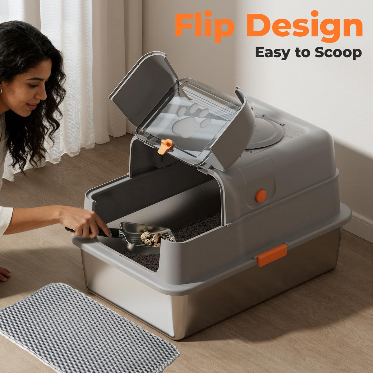 Non-Stick Stainless Steel Cat Litter Box with Lid F522