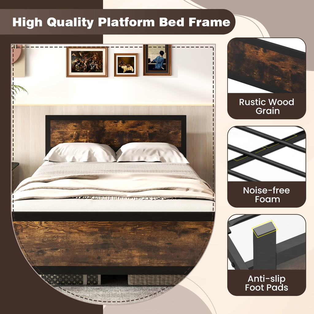 Metal Full Size Platform Bed Frame with Wood Headboard and Footboard R347