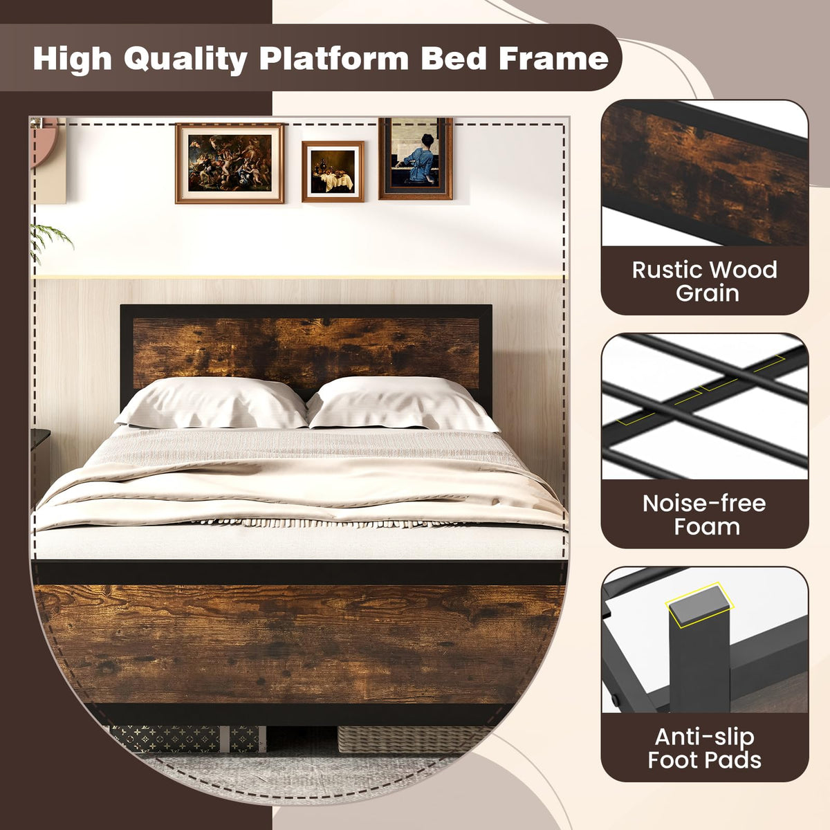 Metal Full Size Platform Bed Frame with Wood Headboard and Footboard R347