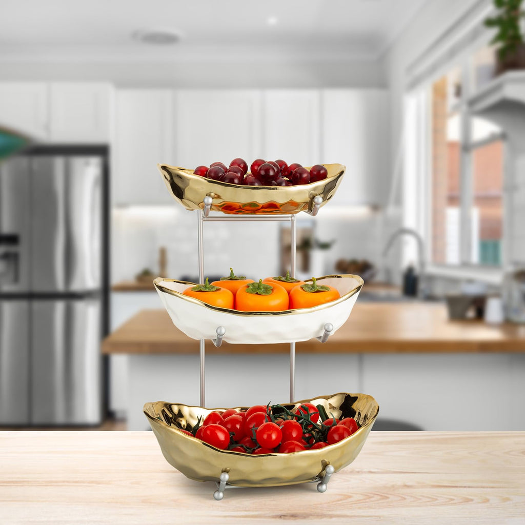 3 Tier Ceramic Serving Bowls with Metal Stand U740134