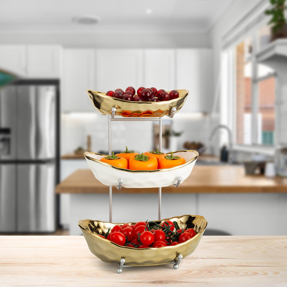 3 Tier Ceramic Serving Bowls with Metal Stand U740134