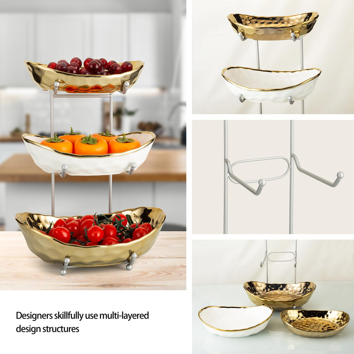 3 Tier Ceramic Serving Bowls with Metal Stand U740134