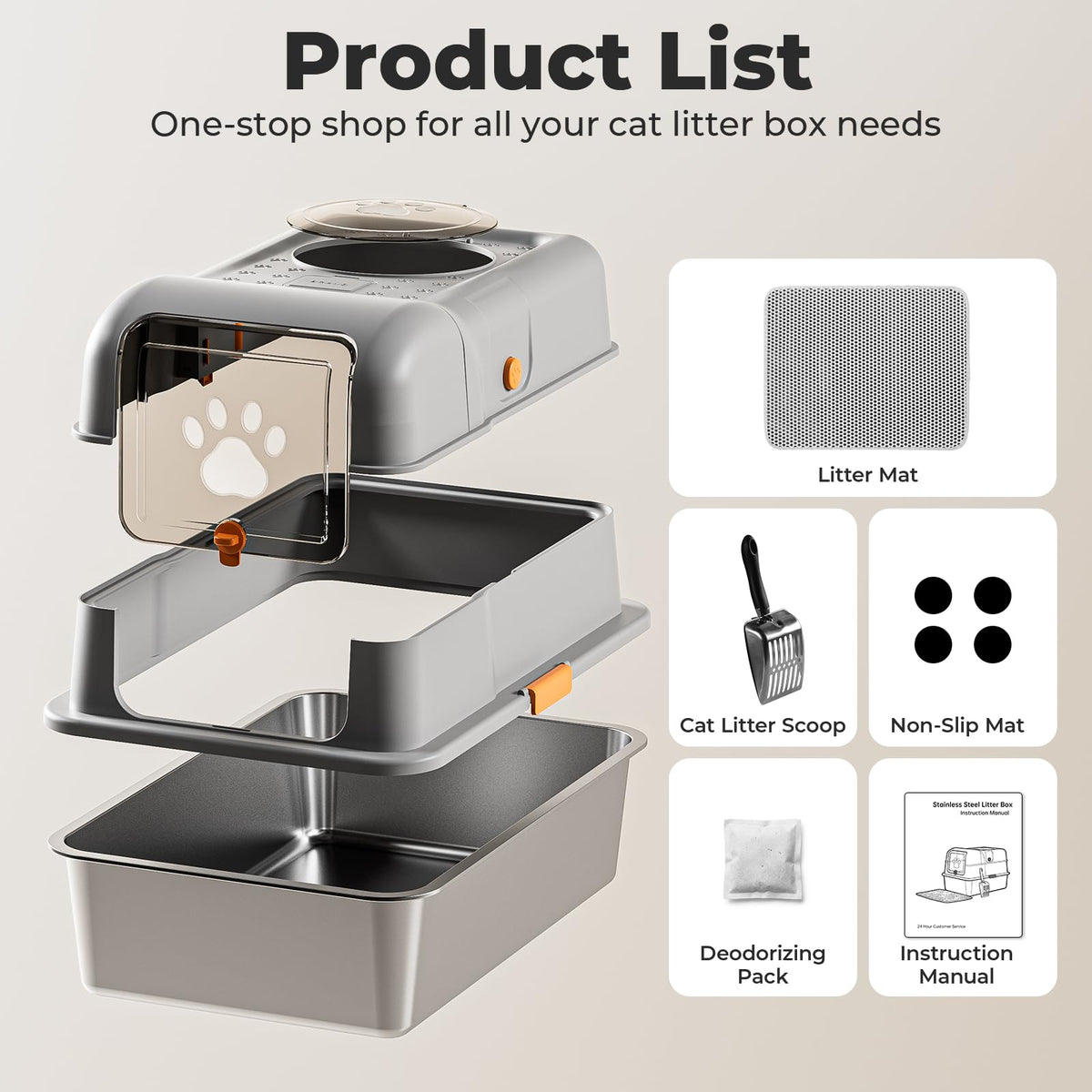 Non-Stick Stainless Steel Cat Litter Box with Lid F522
