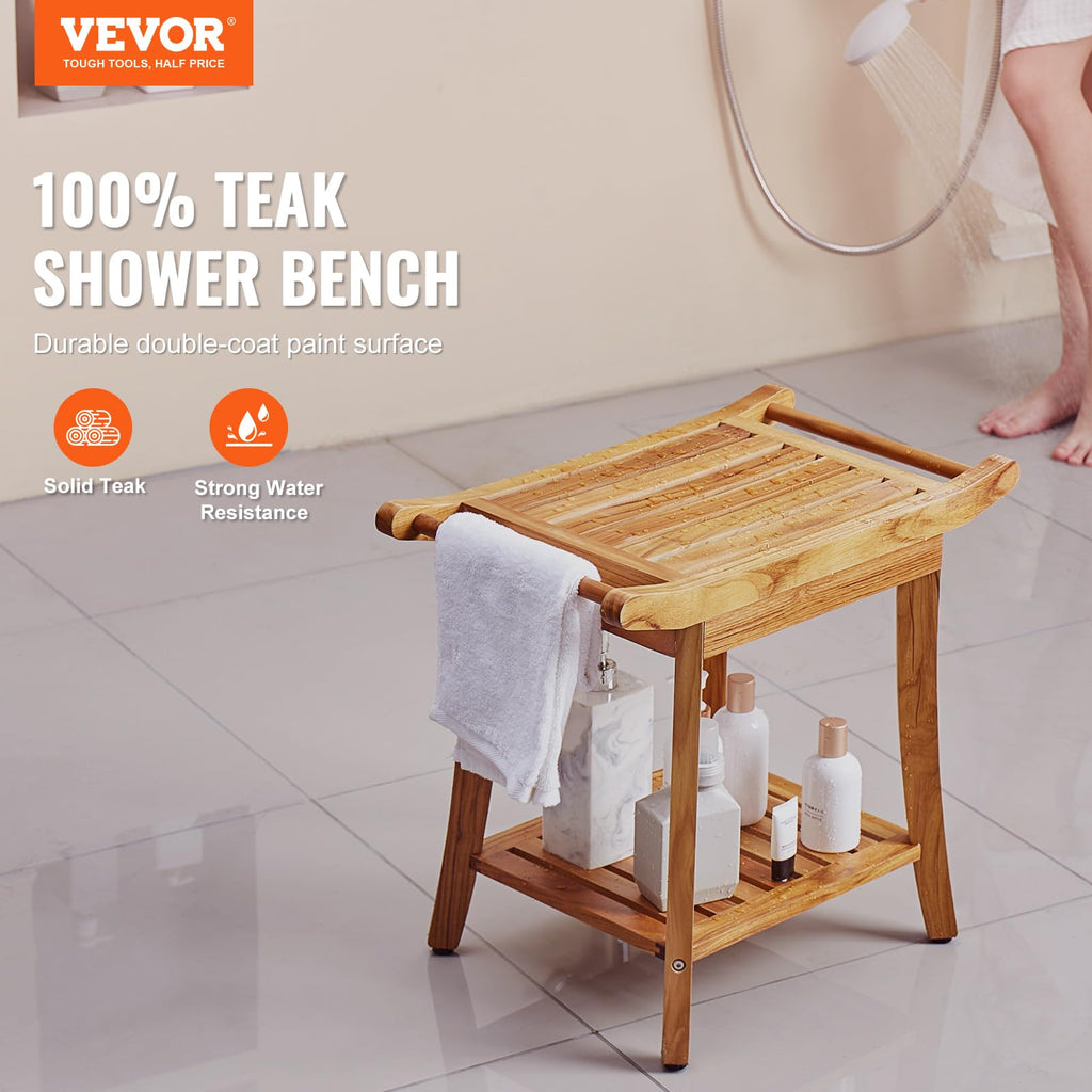 Teak Shower Bench with Storage Shelf Q121620