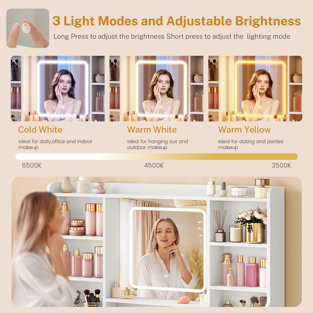 White Vanity Desk with Mirror and Lights T55048
