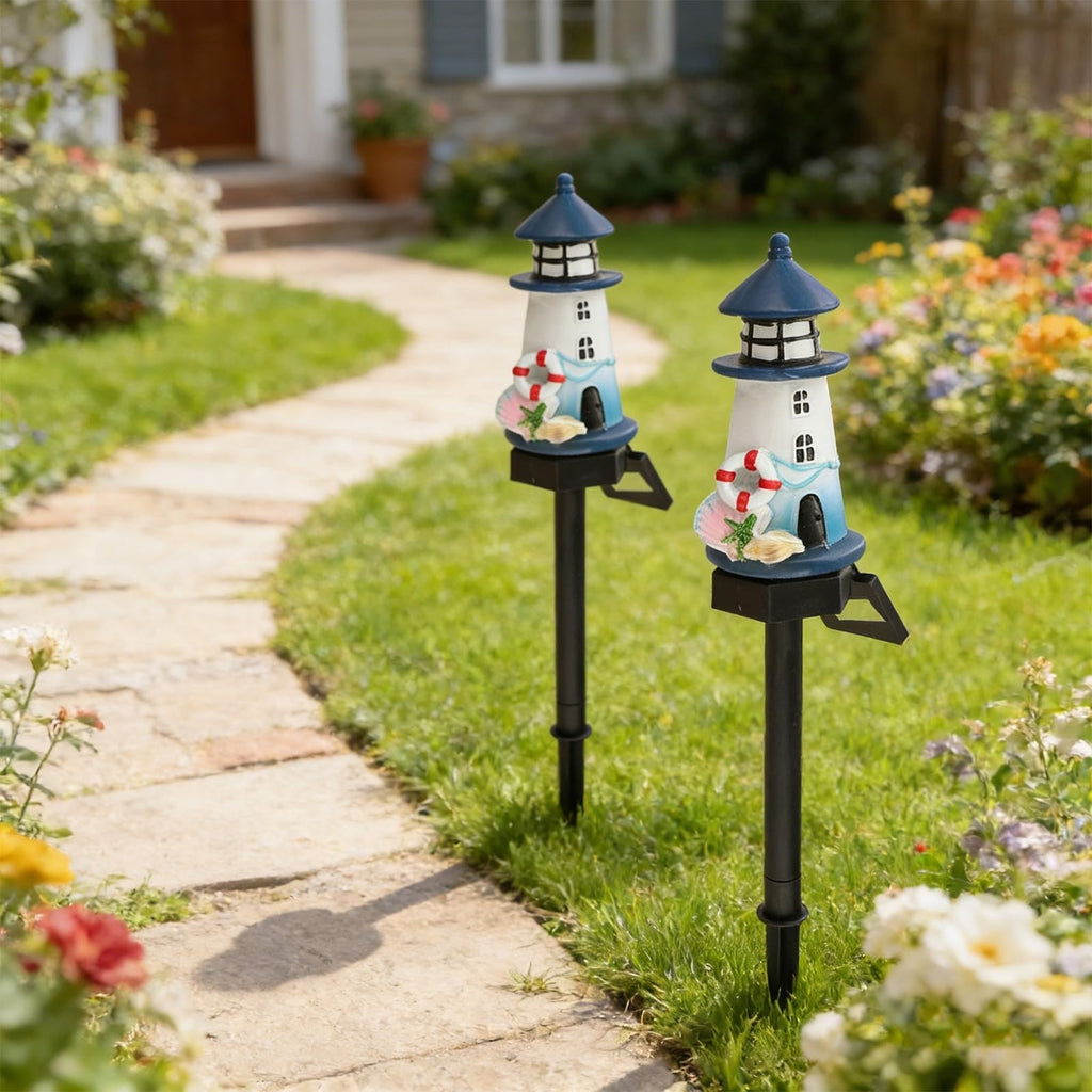 Solar Lighthouse Garden Lights, 2-Pack Resin Solar Powered V2884