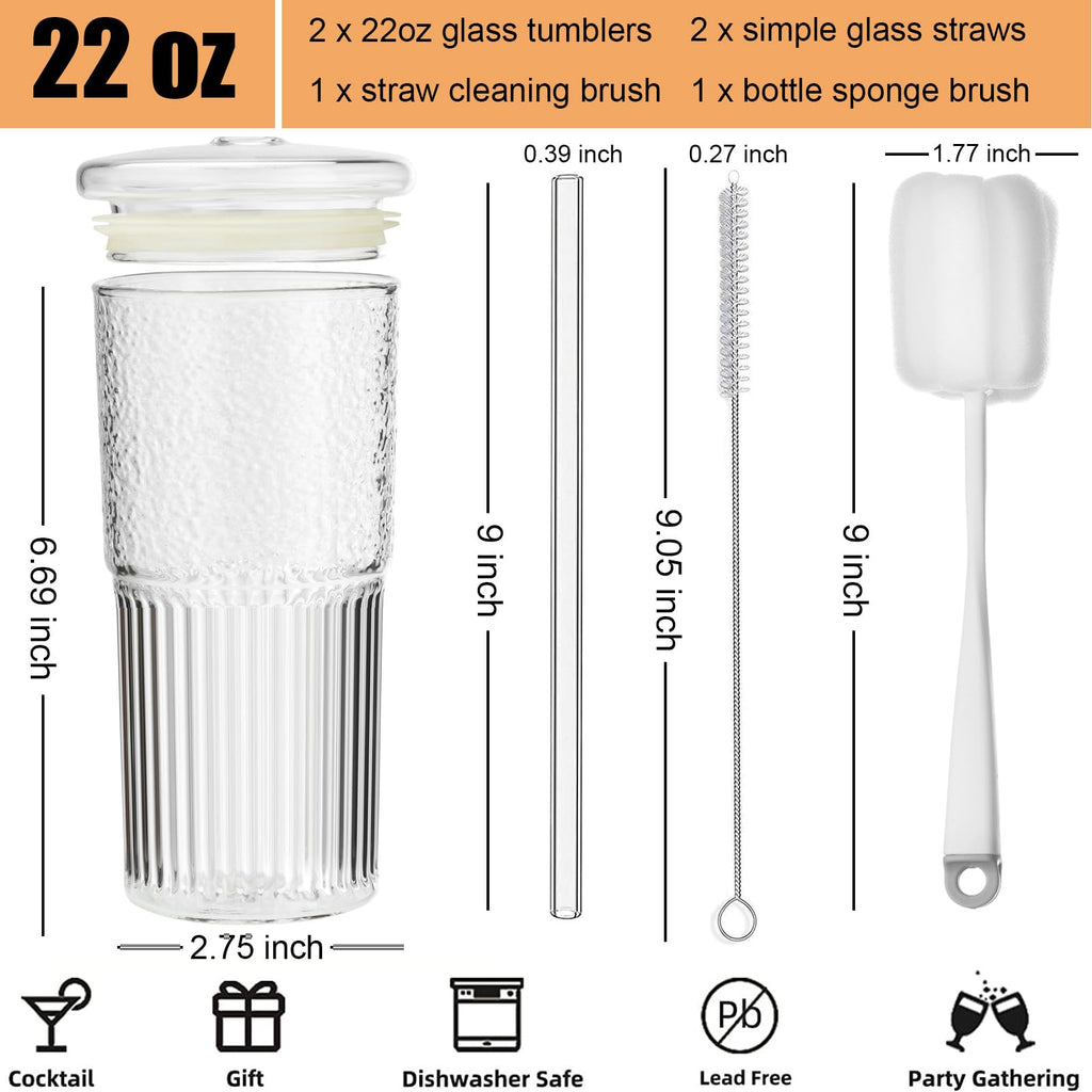 22 oz High Borosilicate Clear Glass Cups with Lids and Straws, Pack of 2 T24990