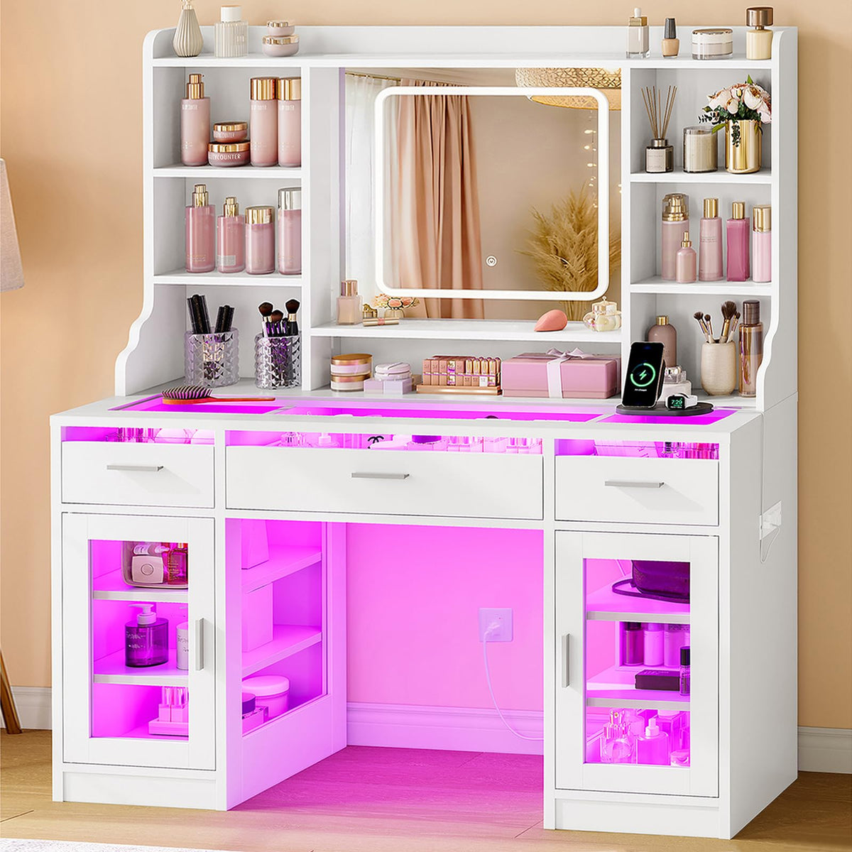 White Vanity Desk with Mirror and Lights T55048