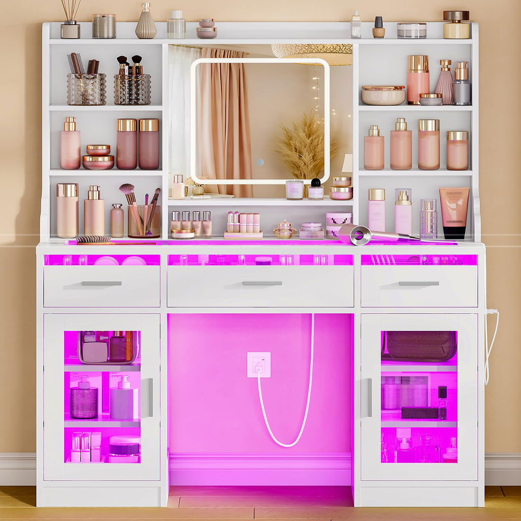 White Vanity Desk with Mirror and Lights T55048