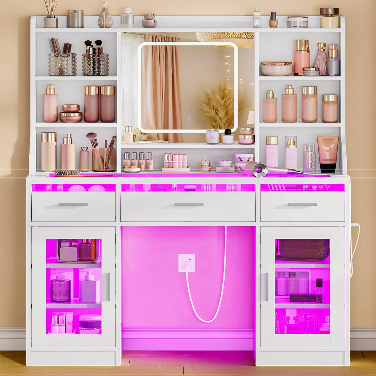 White Vanity Desk with Mirror and Lights T55048