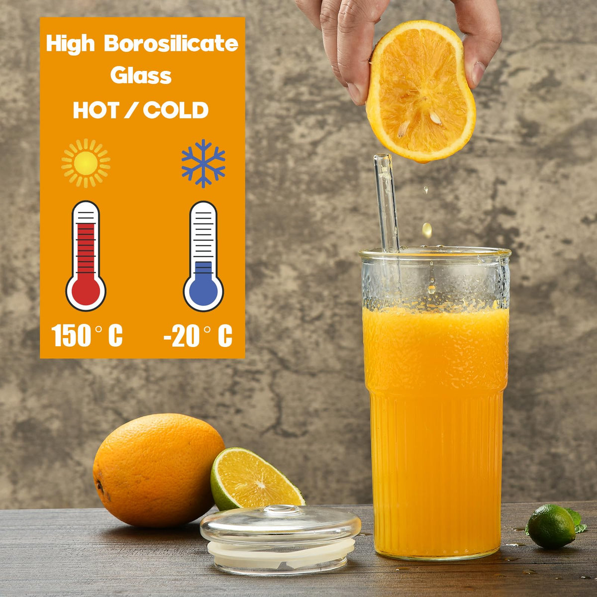 22 oz High Borosilicate Clear Glass Cups with Lids and Straws, Pack of 2 T24990