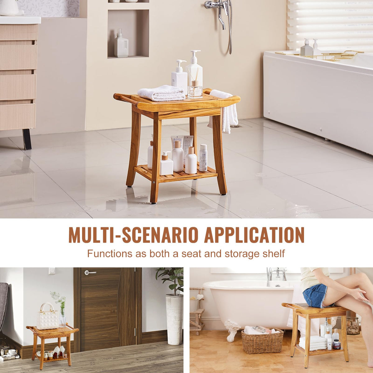Teak Shower Bench with Storage Shelf Q121620