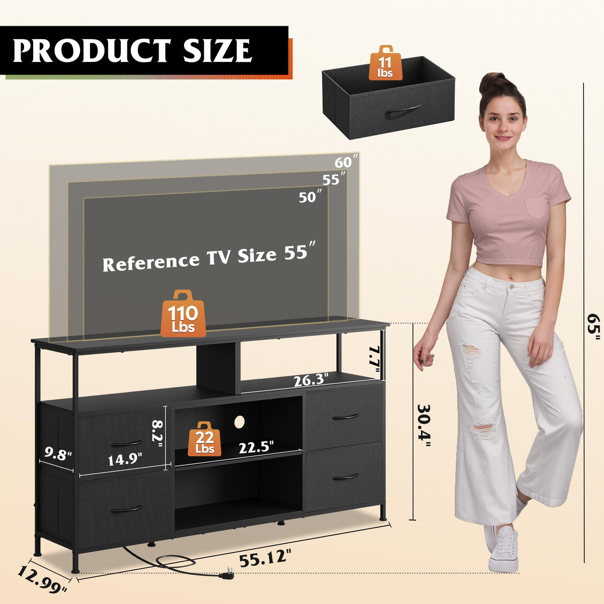 Black TV Stand Dresser with LED Lights and Fabric Drawers Z13224
