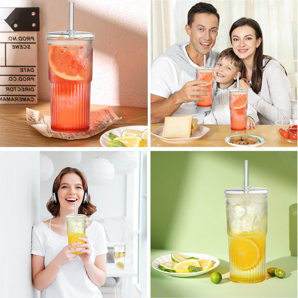 22 oz High Borosilicate Clear Glass Cups with Lids and Straws, Pack of 2 T24990