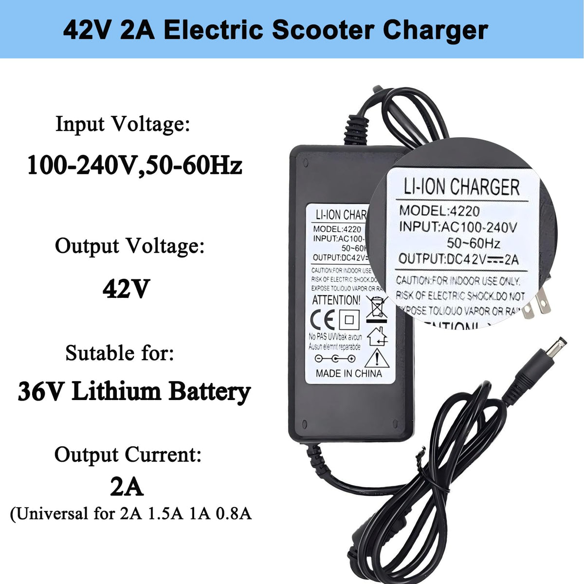 42V 2A Electric Scooter Charger with 4 Plugs A4022