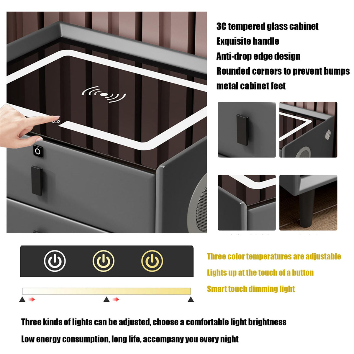 Gray Nightstand with Fingerprint Lock and Wireless Charging U332861