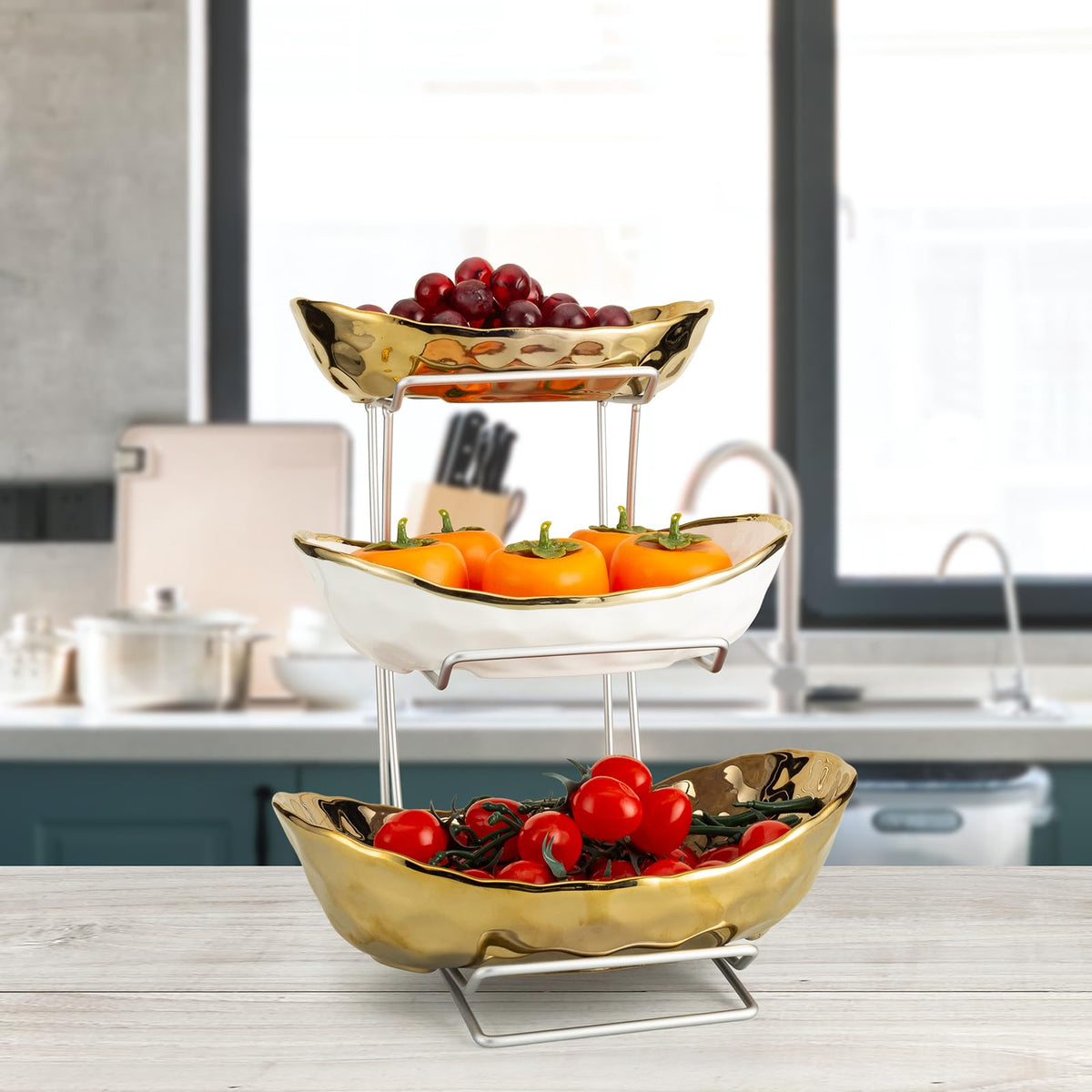 3 Tier Ceramic Serving Bowls with Metal Stand U740134