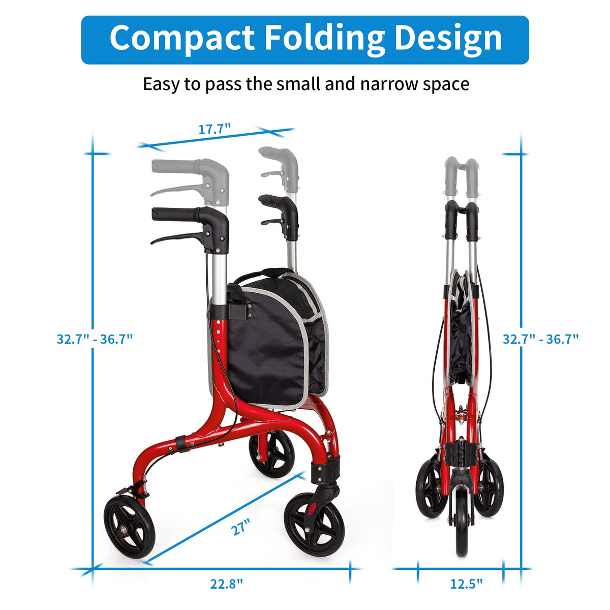 3 Wheel Foldable Aluminum Rollator Walker J5345