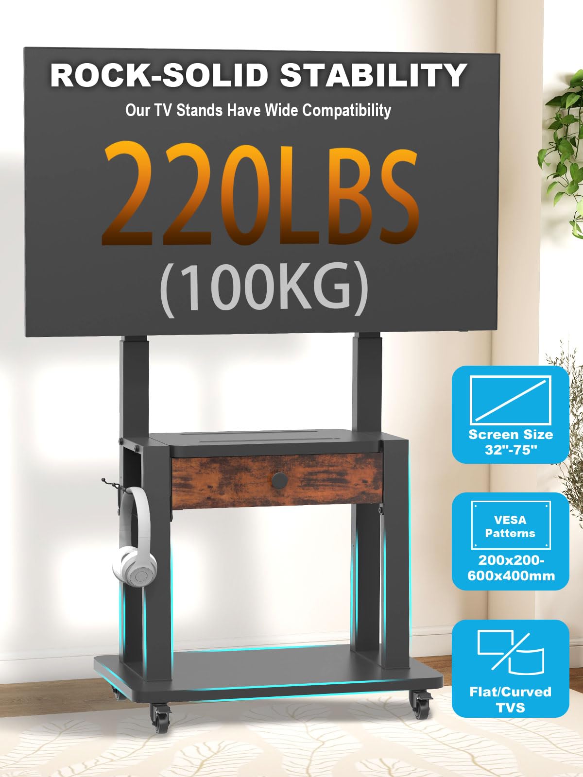 Rolling TV Stand with Fabric Drawer Storage for 32-75 Inch Flat/Curved Screen O735614