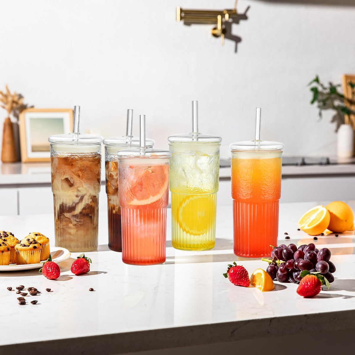 22 oz High Borosilicate Clear Glass Cups with Lids and Straws, Pack of 2 T24990