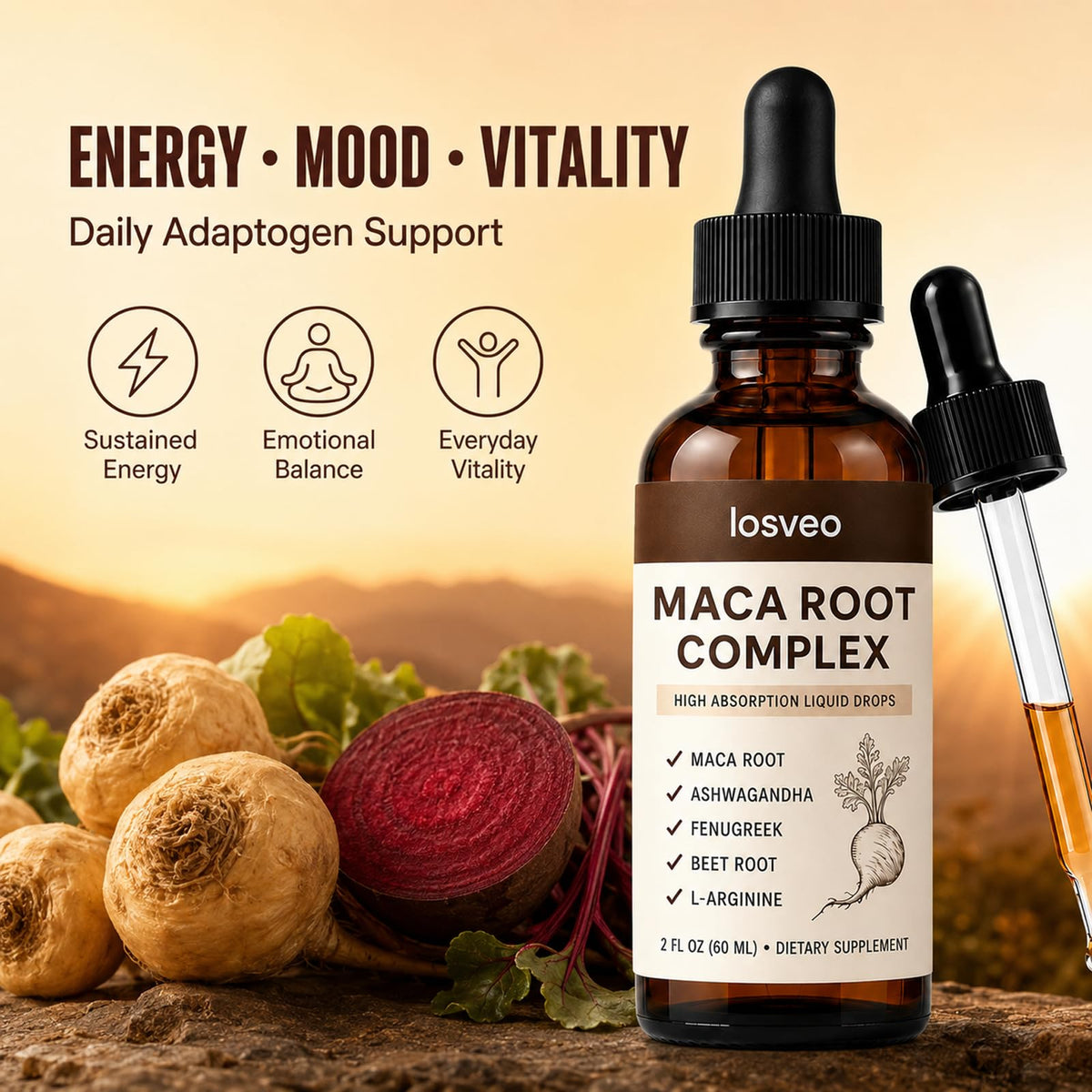 Maca Root Complex Drops with Ashwagandha, Fenugreek, Beet Root & L-Arginine, 2floz Q113448