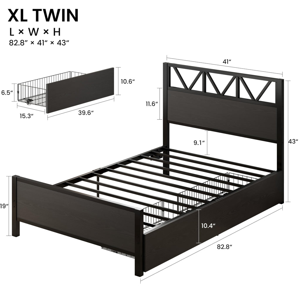 Twin XL Bed Frame with 2 Storage Drawers D124