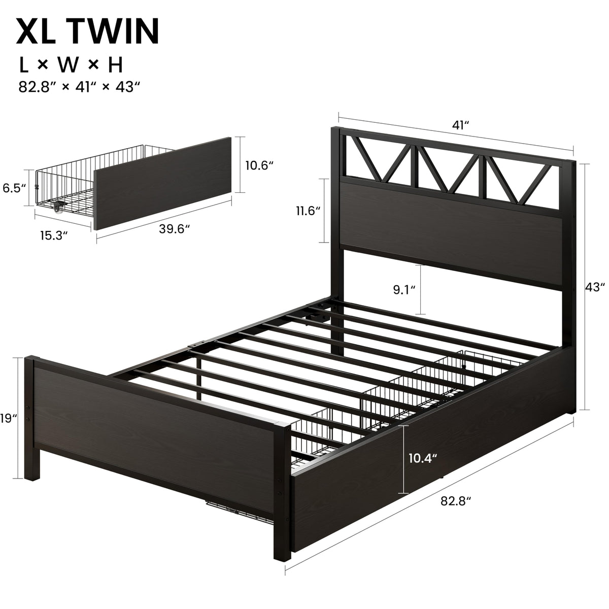 Twin XL Bed Frame with 2 Storage Drawers D124