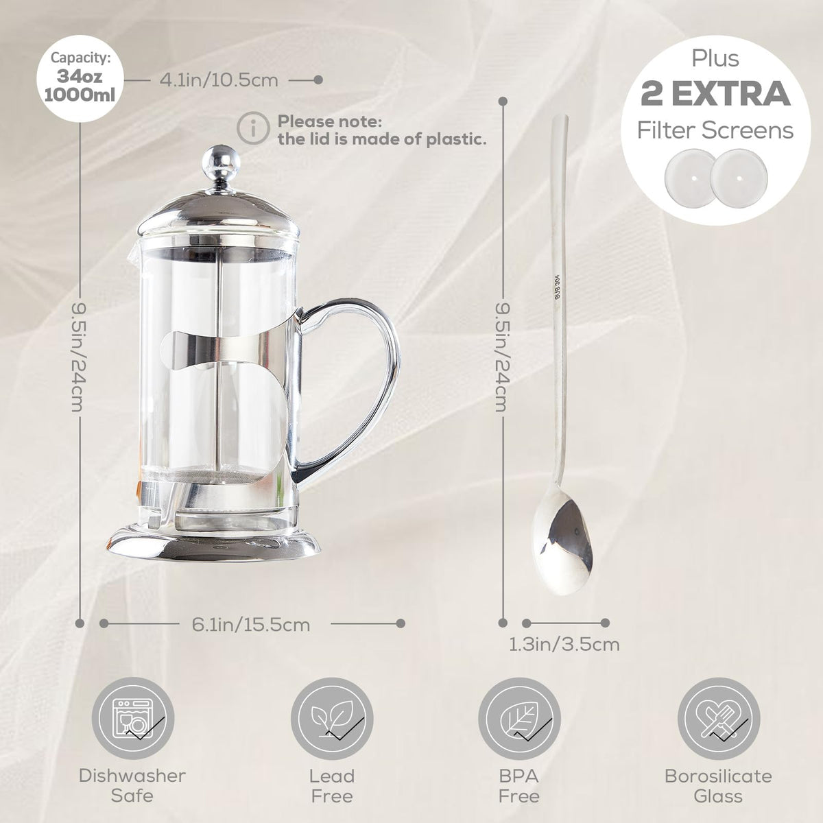 Silver 34oz French Press Coffee Maker with 4-Level Filter System E6484