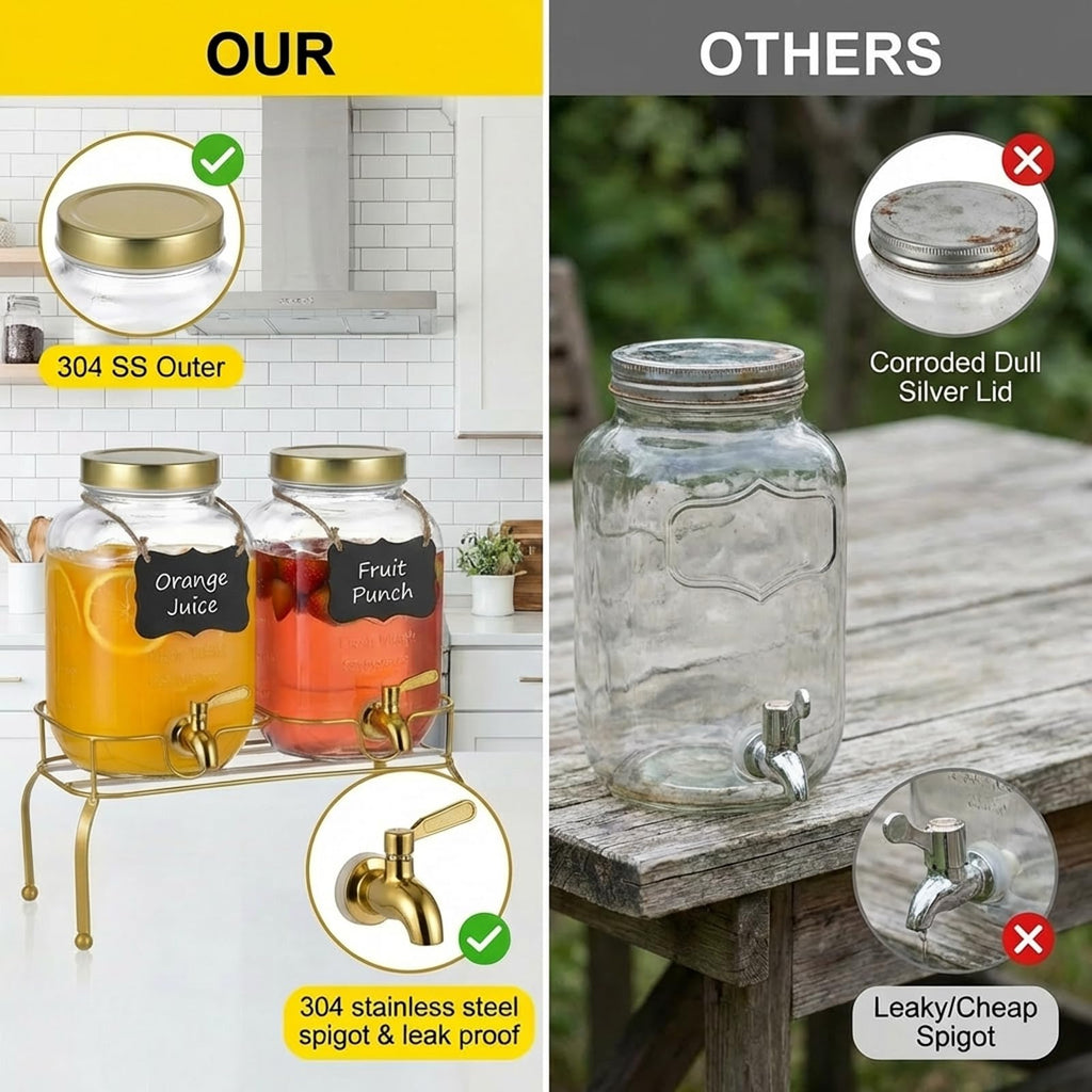 1 Gallon Glass Drink Dispenser Set of 2 with Stand W8885