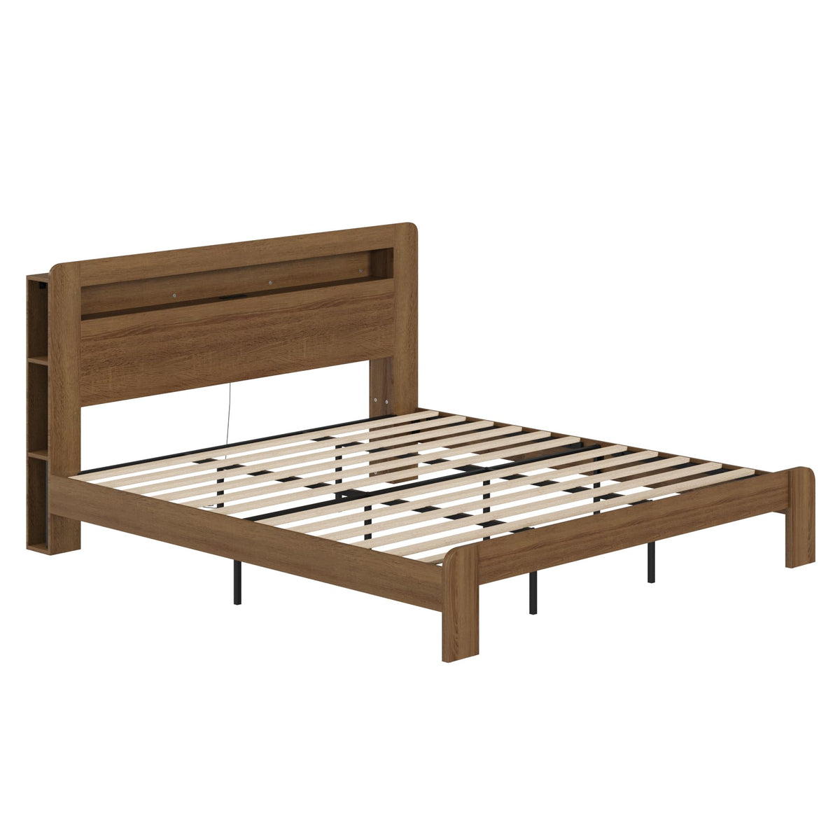 King Walnut Storage Bed Frame with LED Lights H28907